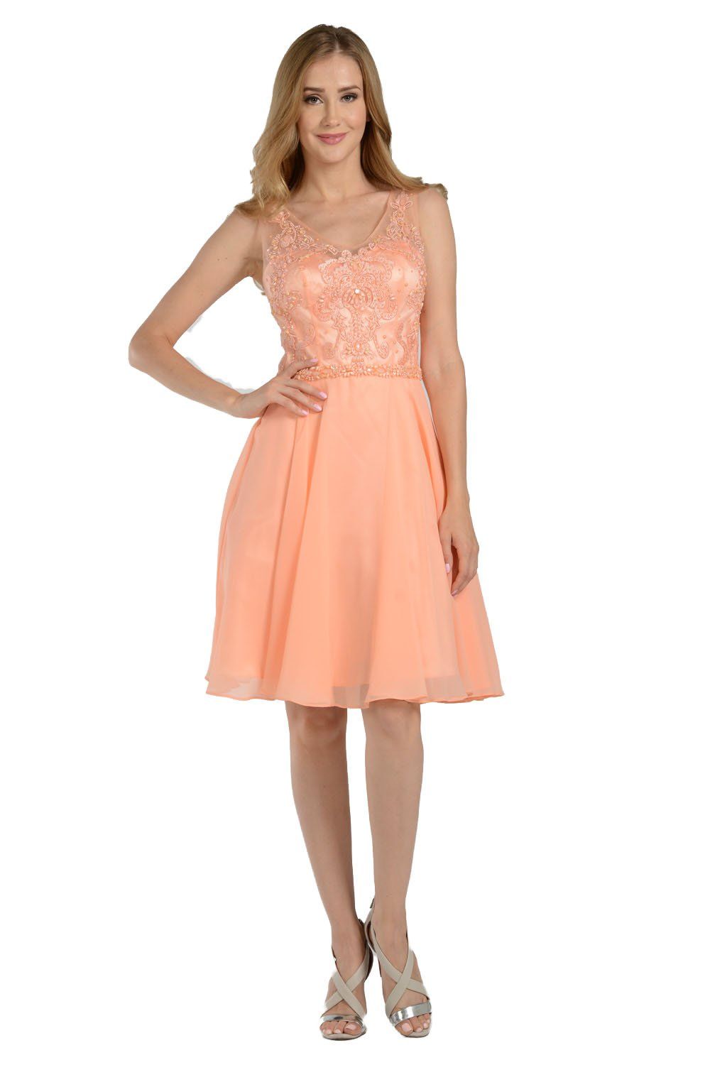 Coral Short Chiffon Dress with Beaded Bodice by Poly USA-Short Cocktail Dresses-ABC Fashion
