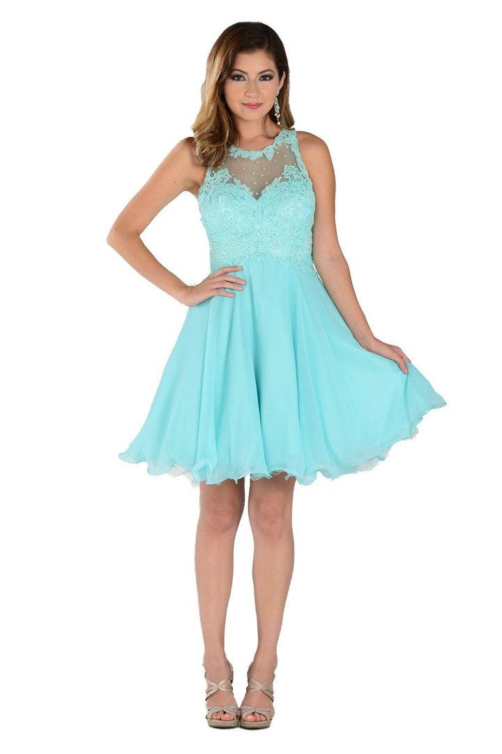 Coral Short Chiffon Dress with Lace Applique Top by Poly USA-Short Cocktail Dresses-ABC Fashion