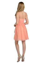Coral Short Sleeveless Illusion Dress with Bow by Poly USA-Short Cocktail Dresses-ABC Fashion