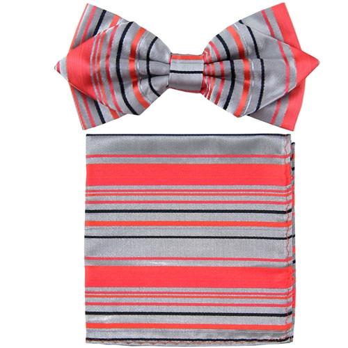 Coral Striped Bow Tie with Pocket Square (Pointed Tip)-Men's Bow Ties-ABC Fashion