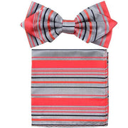 Coral Striped Bow Tie with Pocket Square (Pointed Tip)-Men's Bow Ties-ABC Fashion