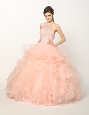 Crystal Beaded High Neck Ball Gown with Ruffled Skirt by Juliet 1420-Quinceanera Dresses-ABC Fashion