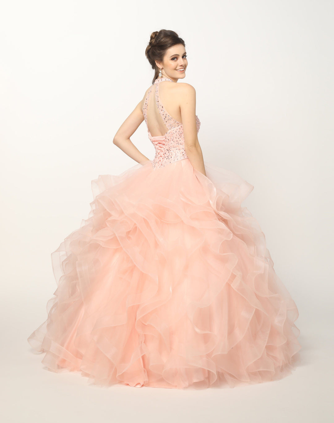 Crystal Beaded High Neck Ball Gown with Ruffled Skirt by Juliet 1420-Quinceanera Dresses-ABC Fashion