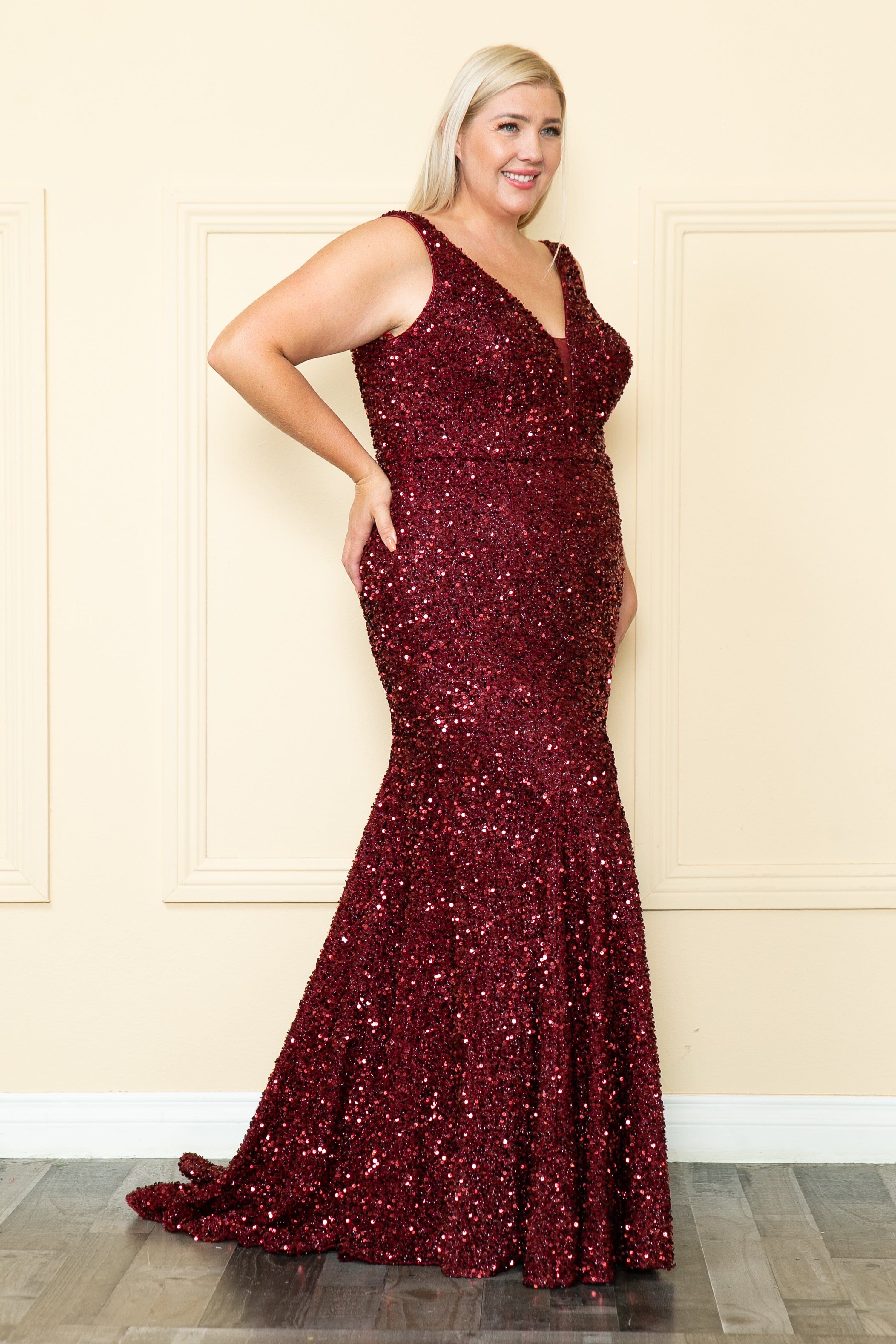 Plus Size Fitted Sleeveless Sequin Slit Gown by Poly USA