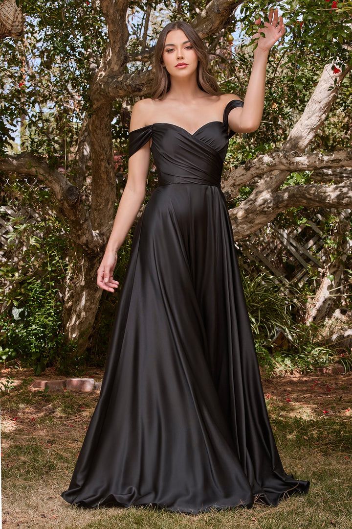 Curve Off Shoulder A-line Satin Gown by Ladivine 7493C