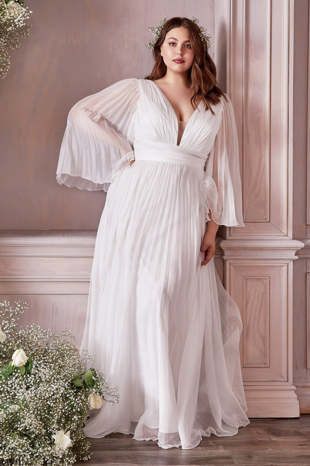 Curve White Pleated Bell Sleeve Gown by Cinderella Divine CD242WC