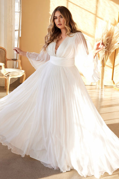 Curve White Pleated Bell Sleeve Gown by Cinderella Divine CD242WC