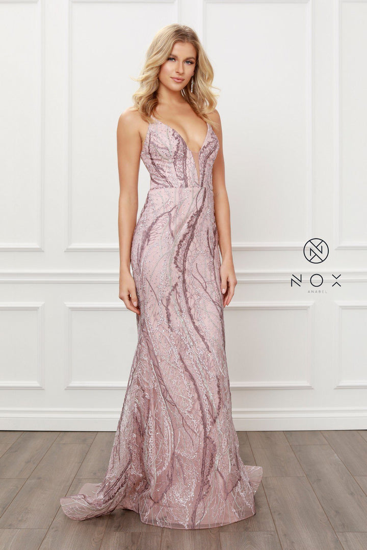 Deep V-Neck Corset Back Gown by Nox Anabel Y408