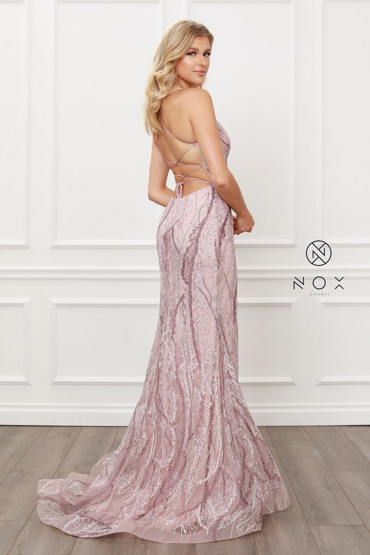 Deep V-Neck Corset Back Gown by Nox Anabel Y408