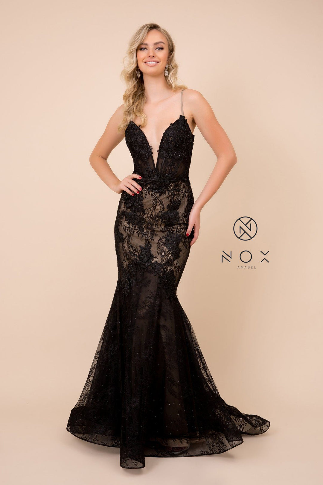 Deep V-Neck Lace Trumpet Dress by Nox Anabel C306