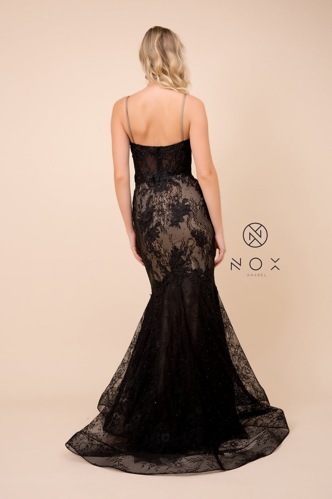 Deep V-Neck Lace Trumpet Dress by Nox Anabel C306