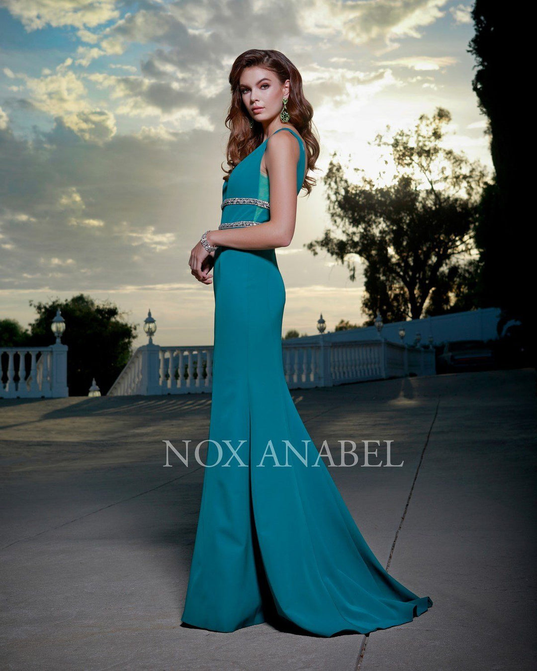 Deep V-Neck Mermaid Gown with Jeweled Bands by Nox Anabel A076-Long Formal Dresses-ABC Fashion