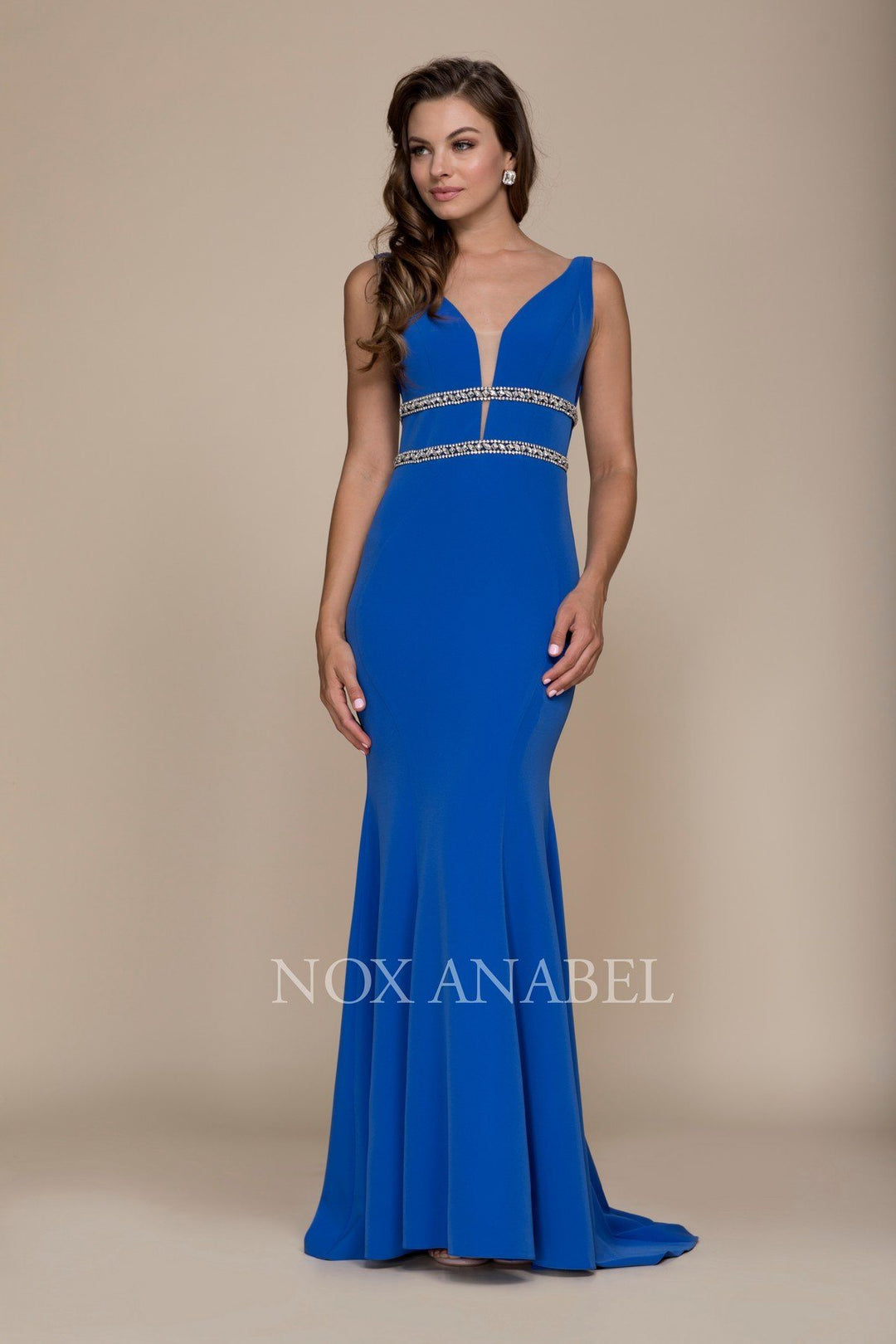 Deep V-Neck Mermaid Gown with Jeweled Bands by Nox Anabel A076-Long Formal Dresses-ABC Fashion