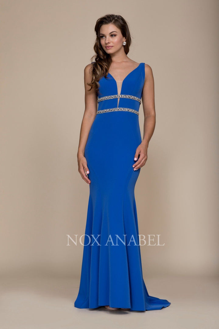Deep V-Neck Mermaid Gown with Jeweled Bands by Nox Anabel A076-Long Formal Dresses-ABC Fashion