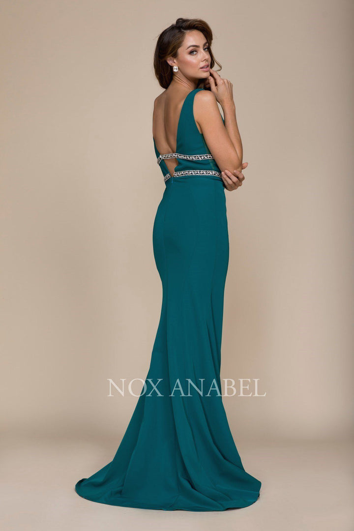 Deep V-Neck Mermaid Gown with Jeweled Bands by Nox Anabel A076-Long Formal Dresses-ABC Fashion