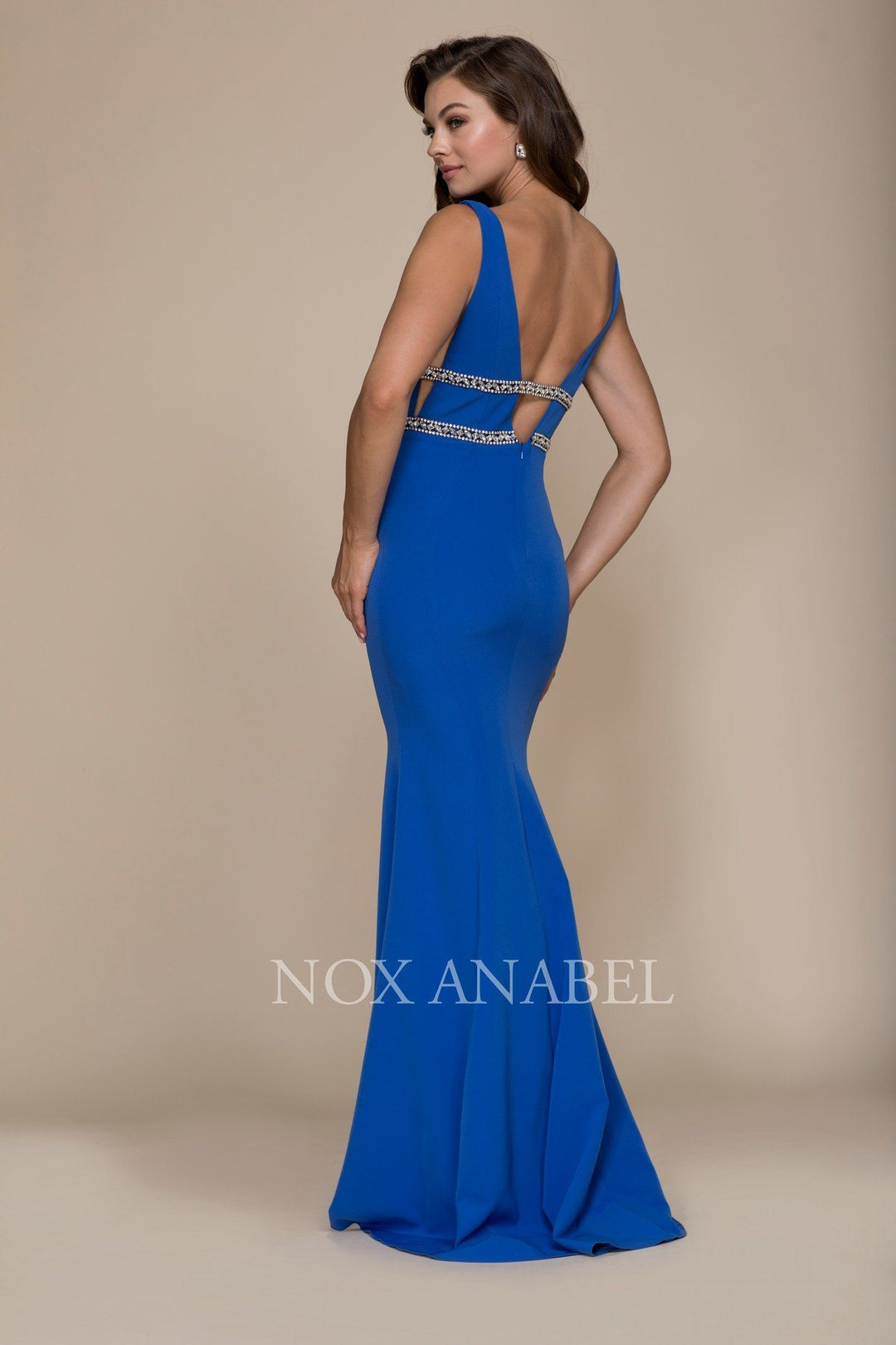 Deep V-Neck Mermaid Gown with Jeweled Bands by Nox Anabel A076-Long Formal Dresses-ABC Fashion