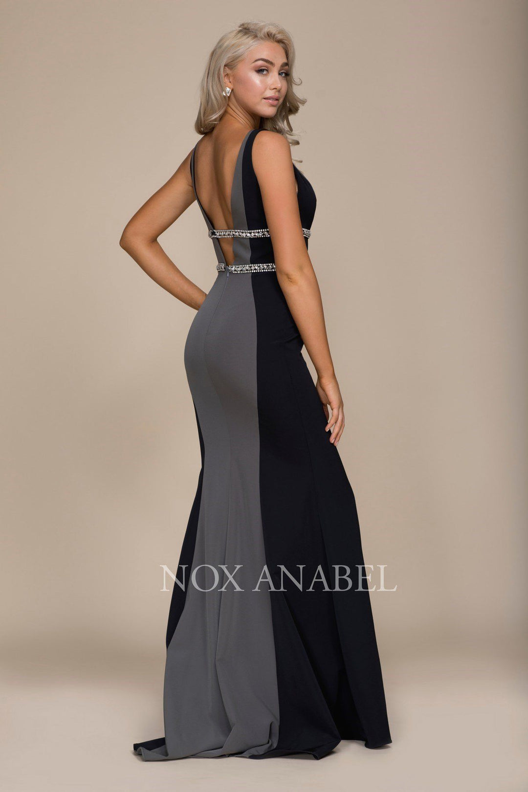 Deep V-Neck Mermaid Gown with Jeweled Bands by Nox Anabel A076-Long Formal Dresses-ABC Fashion