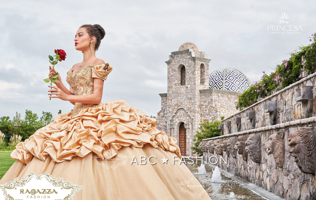 Gold Off Shoulder Quinceanera Dress by Ragazza D68-568