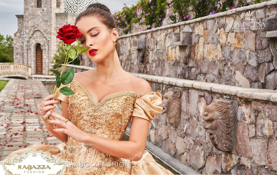 Gold Off Shoulder Quinceanera Dress by Ragazza D68-568