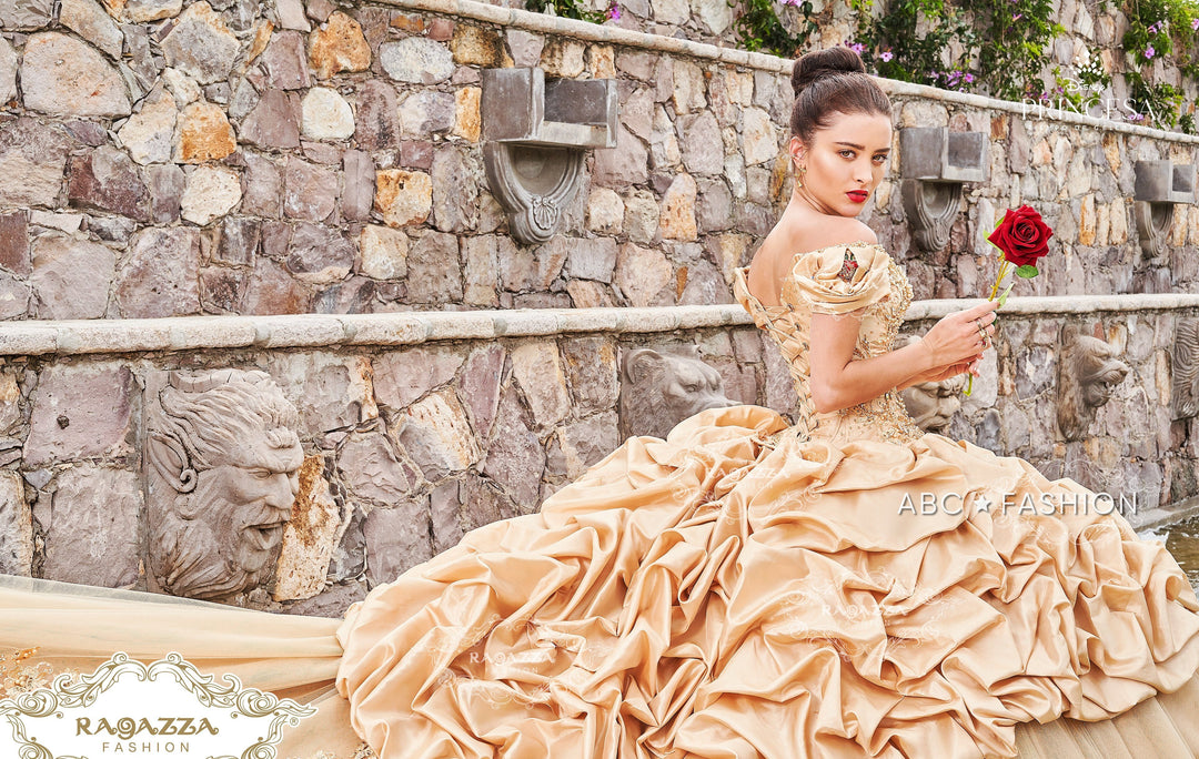 Gold Off Shoulder Quinceanera Dress by Ragazza D68-568