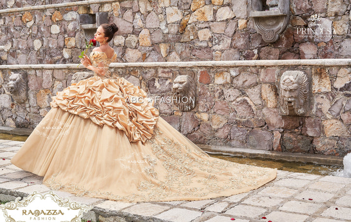 Gold Off Shoulder Quinceanera Dress by Ragazza D68-568