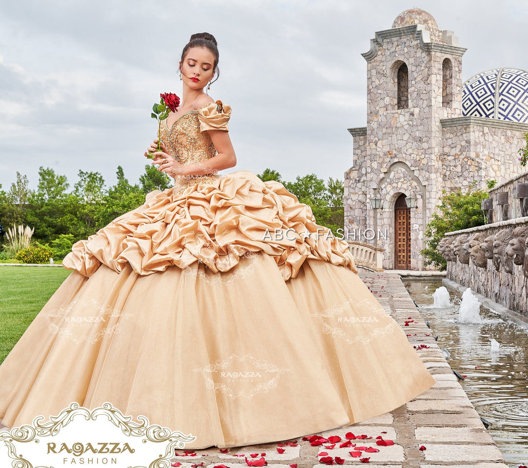 Gold Off Shoulder Quinceanera Dress by Ragazza D68-568