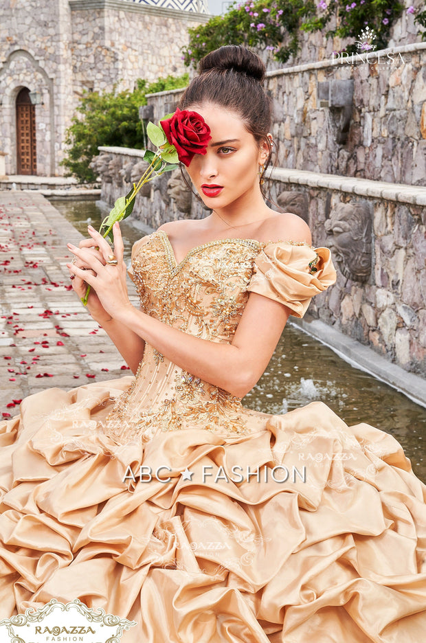 Gold Off Shoulder Quinceanera Dress by Ragazza D68-568