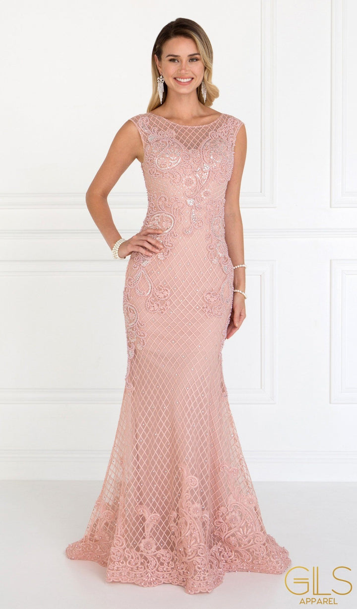 Dusty Rose Floral Embroidered Mermaid Gown by Elizabeth K GL1536-Long Formal Dresses-ABC Fashion