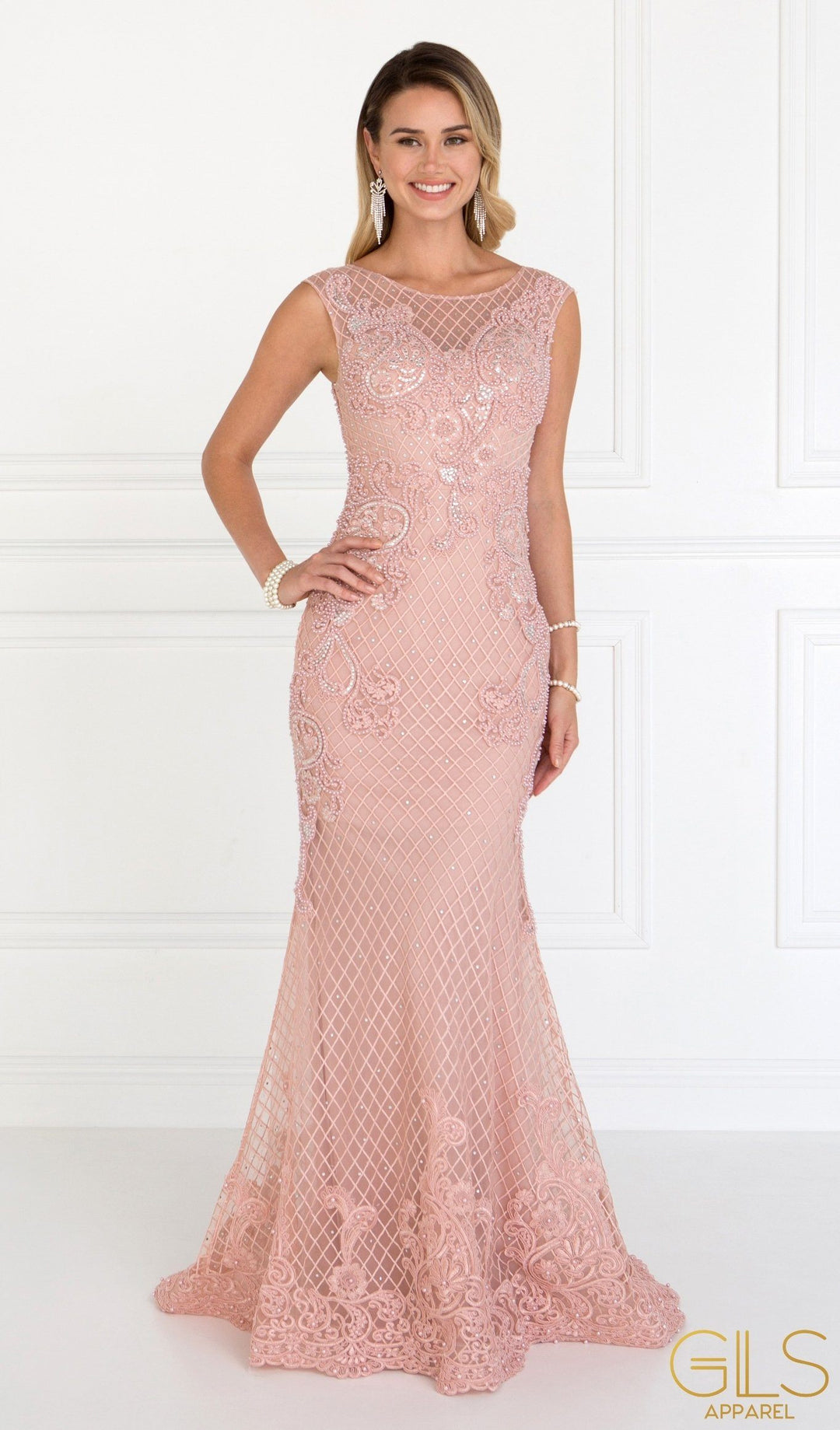 Dusty Rose Floral Embroidered Mermaid Gown by Elizabeth K GL1536-Long Formal Dresses-ABC Fashion