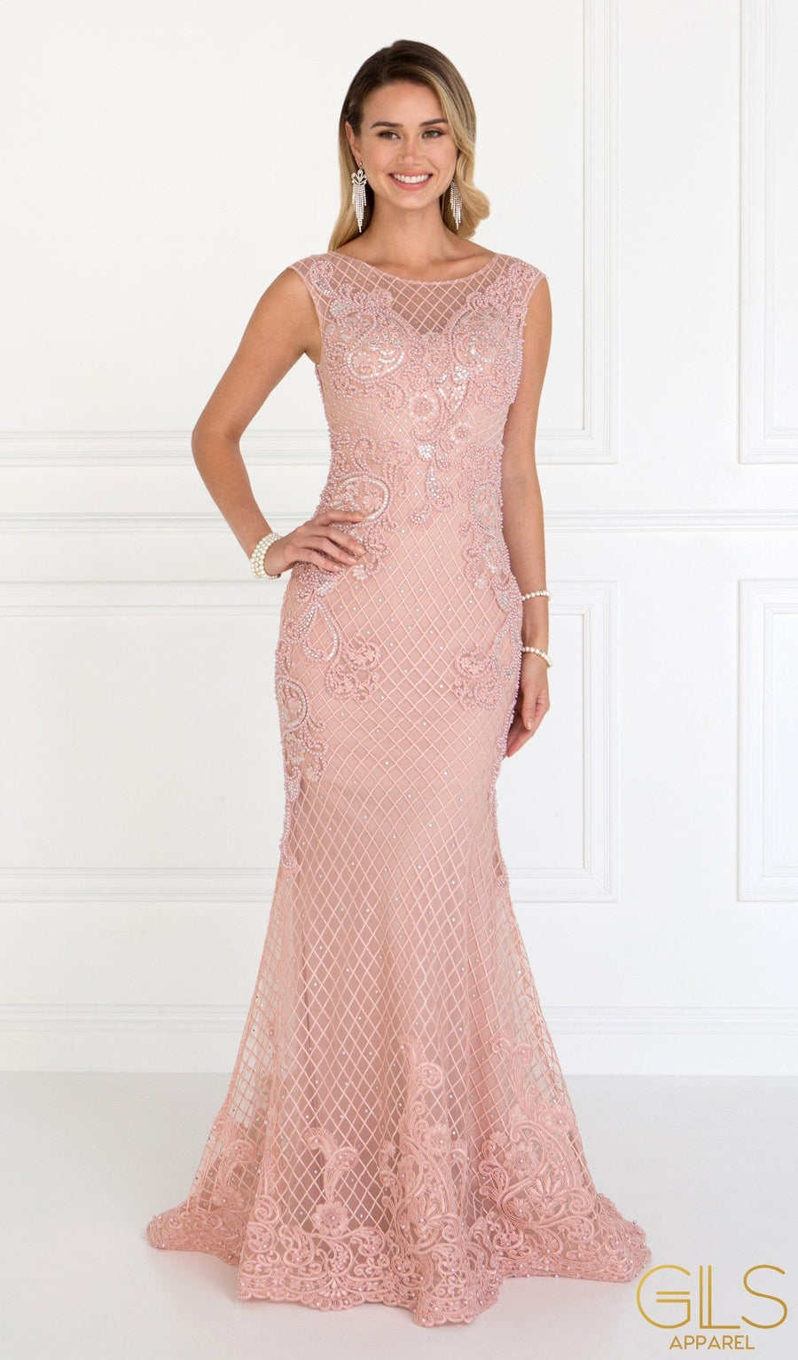 Elizabeth K GL3030 Sparkling Embroidered Crepe Mermaid Dress w/ Cut-out Back & Slit main image 0