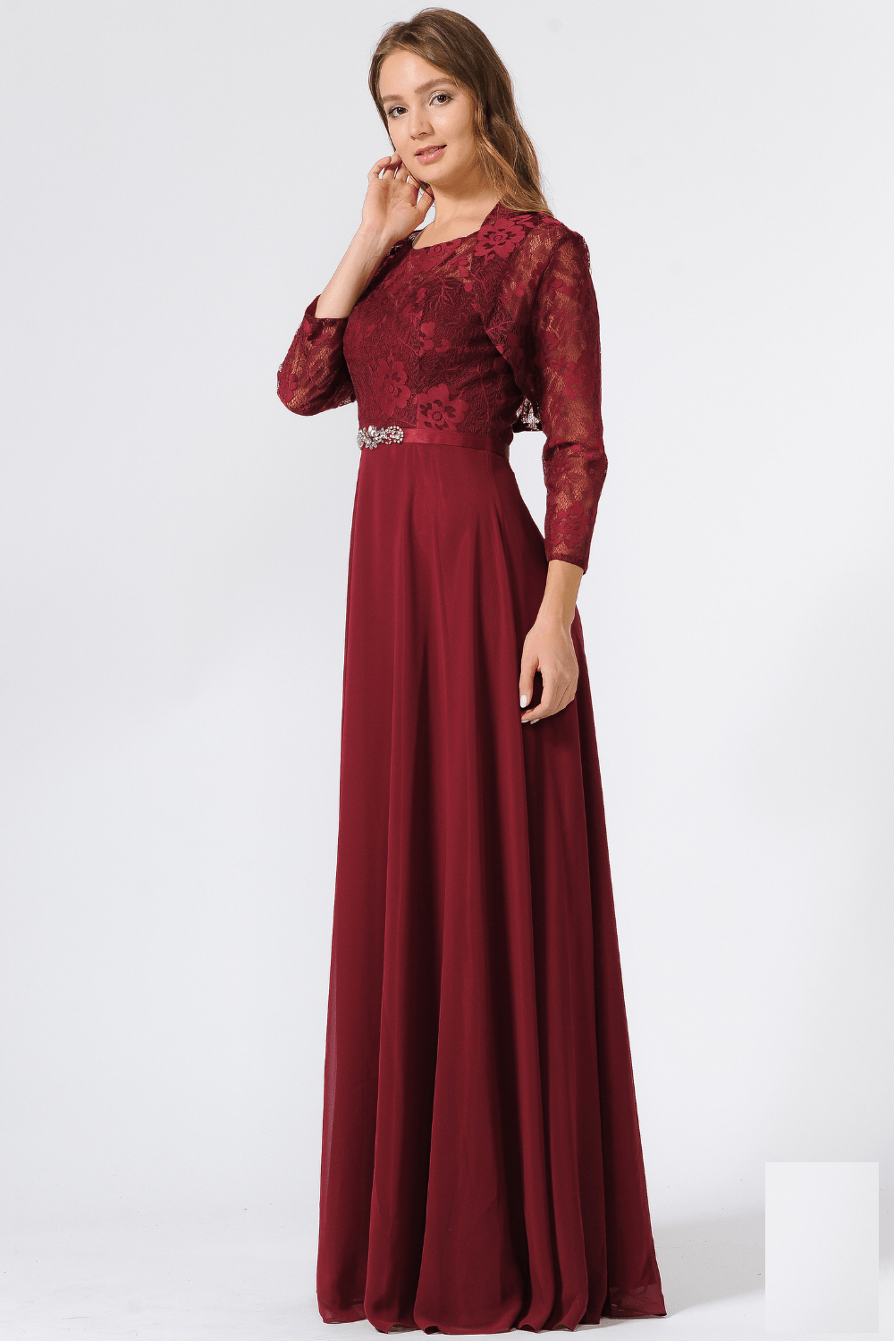 Dusty Rose Long Lace Bodice Dress with Bolero Jacket by Poly USA