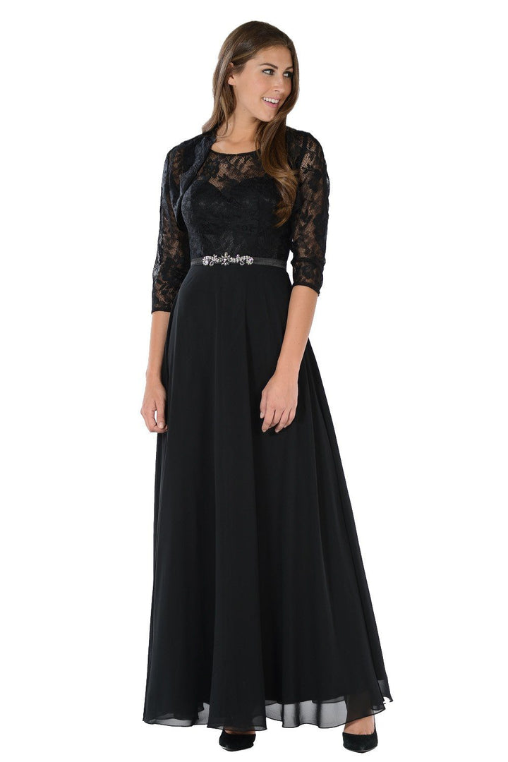 Dusty Rose Long Lace Bodice Dress with Bolero Jacket by Poly USA-Long Formal Dresses-ABC Fashion