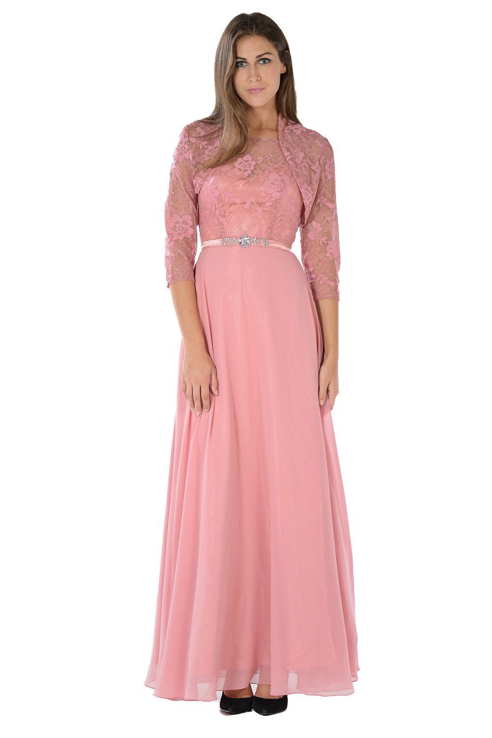 Dusty Rose Long Lace Bodice Dress with Bolero Jacket by Poly USA-Long Formal Dresses-ABC Fashion