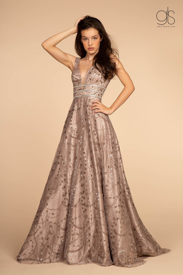 Embellished Deep V-Neck A-line Dress by Elizabeth K GL2589-Long Formal Dresses-ABC Fashion