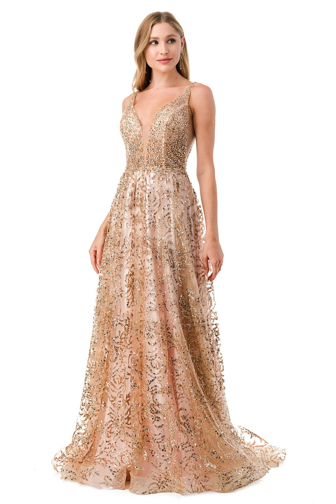 Embellished Deep V-Neck A-Line Gown by Coya L2771T