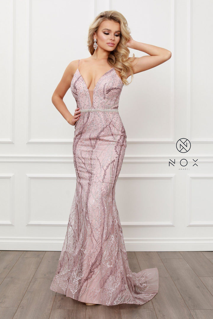 Embellished Deep V-Neck Mermaid Gown by Nox Anabel Y409