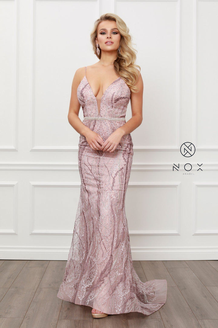 Embellished Deep V-Neck Mermaid Gown by Nox Anabel Y409