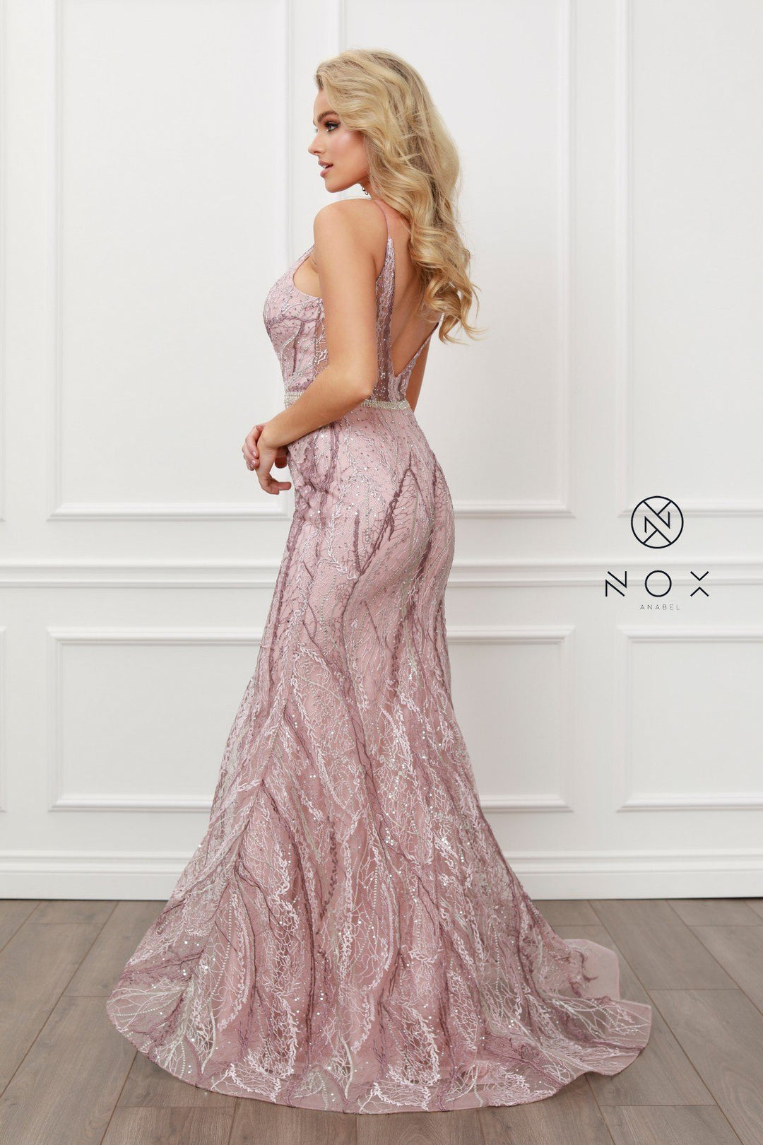 Embellished Deep V-Neck Mermaid Gown by Nox Anabel Y409