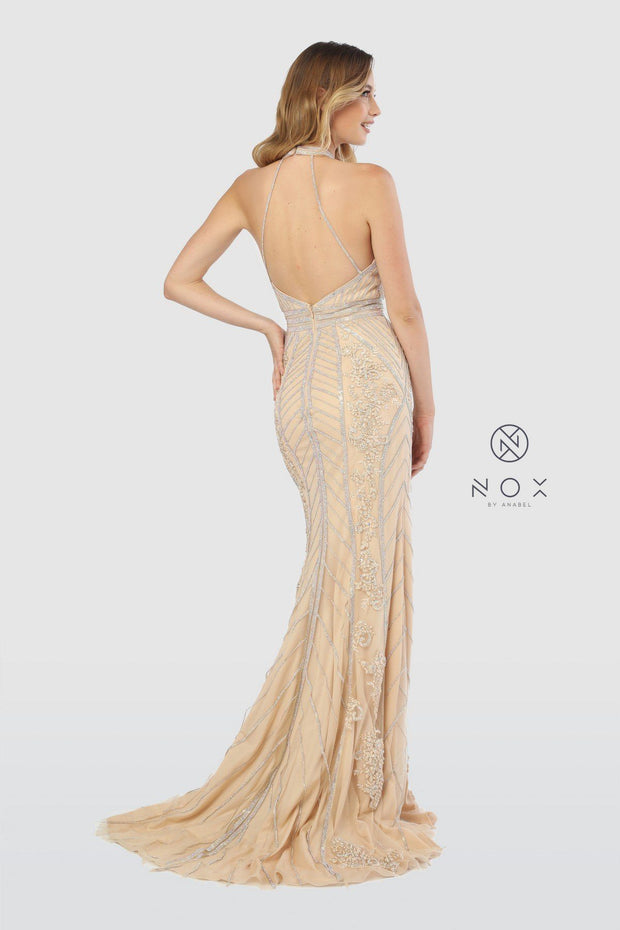 Embellished High Halter Trumpet Dress by Nox Anabel T260-Long Formal Dresses-ABC Fashion