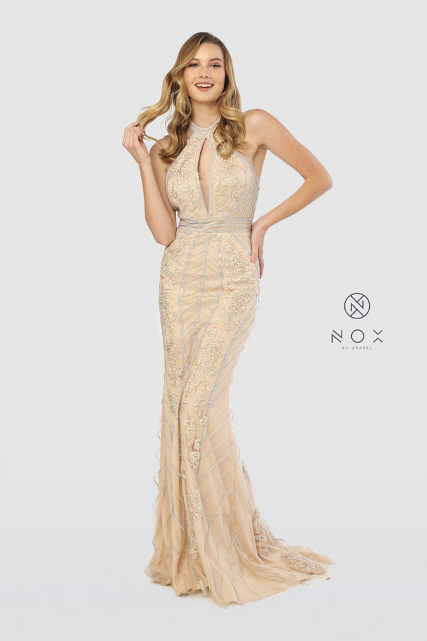 Embellished High Halter Trumpet Dress by Nox Anabel T260-Long Formal Dresses-ABC Fashion