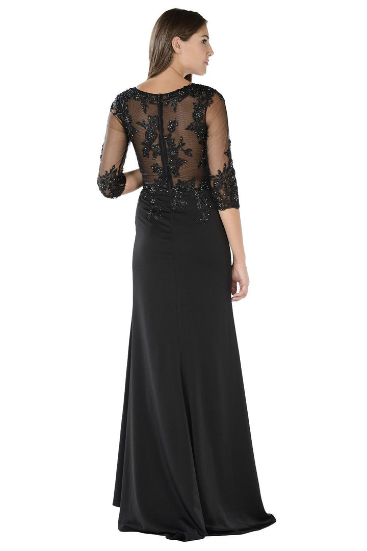 Embellished Long Black Dress with Sheer Sleeves by Poly USA-Long Formal Dresses-ABC Fashion
