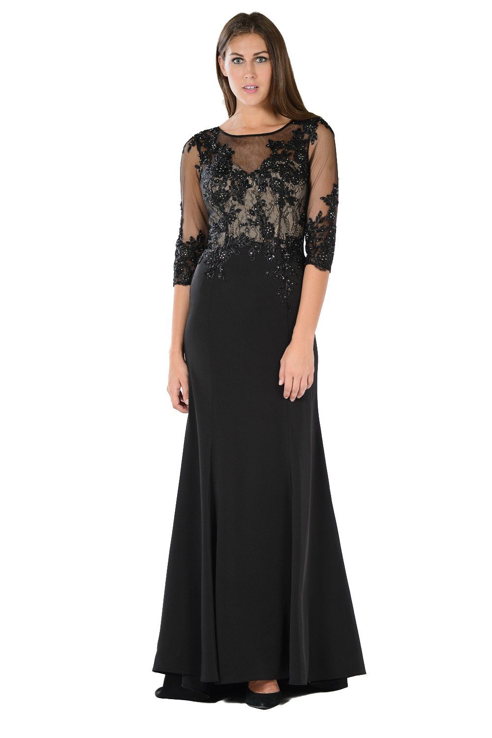 Embellished Long Black Dress with Sheer Sleeves by Poly USA-Long Formal Dresses-ABC Fashion