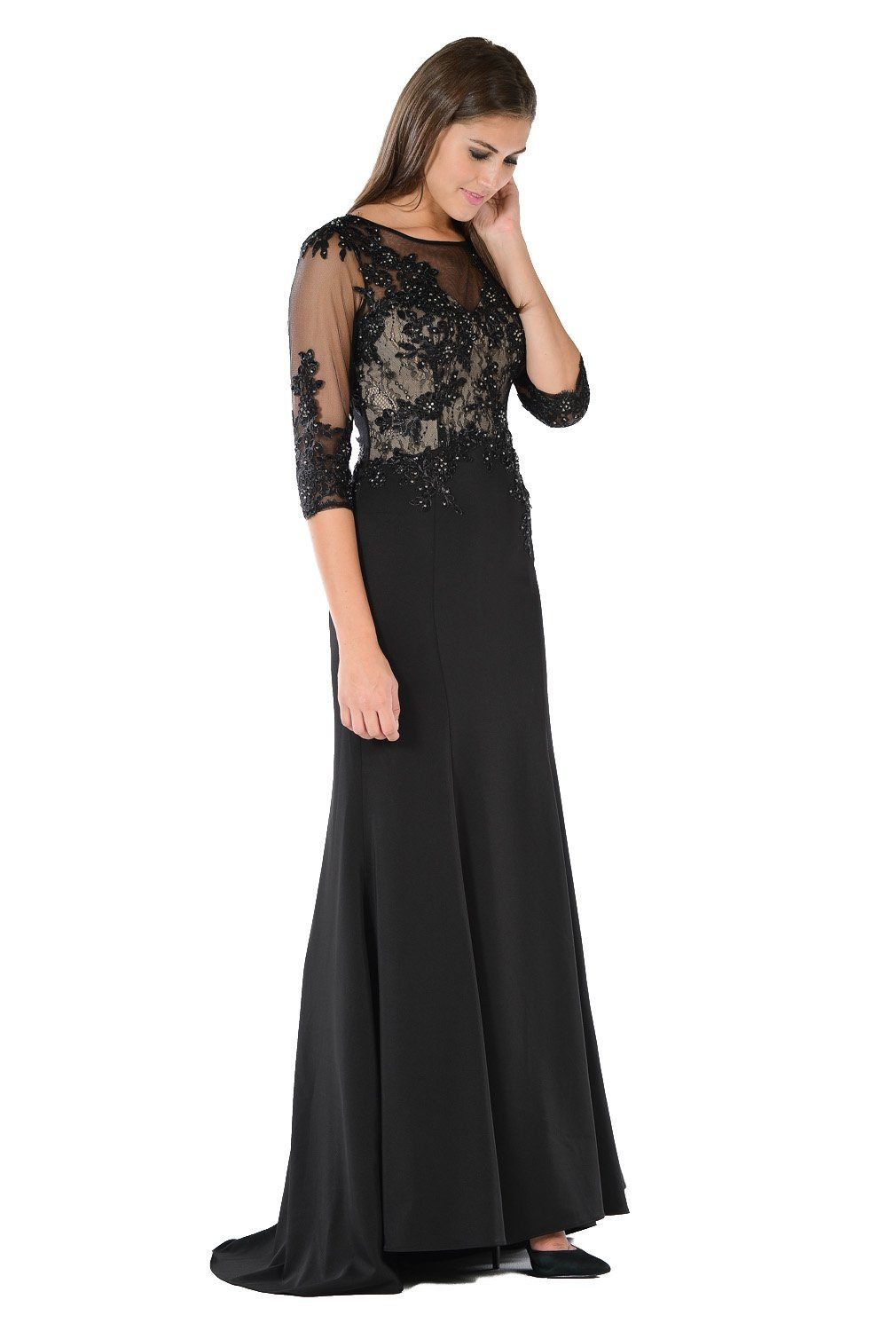 Embellished Long Black Dress with Sheer Sleeves by Poly USA-Long Formal Dresses-ABC Fashion