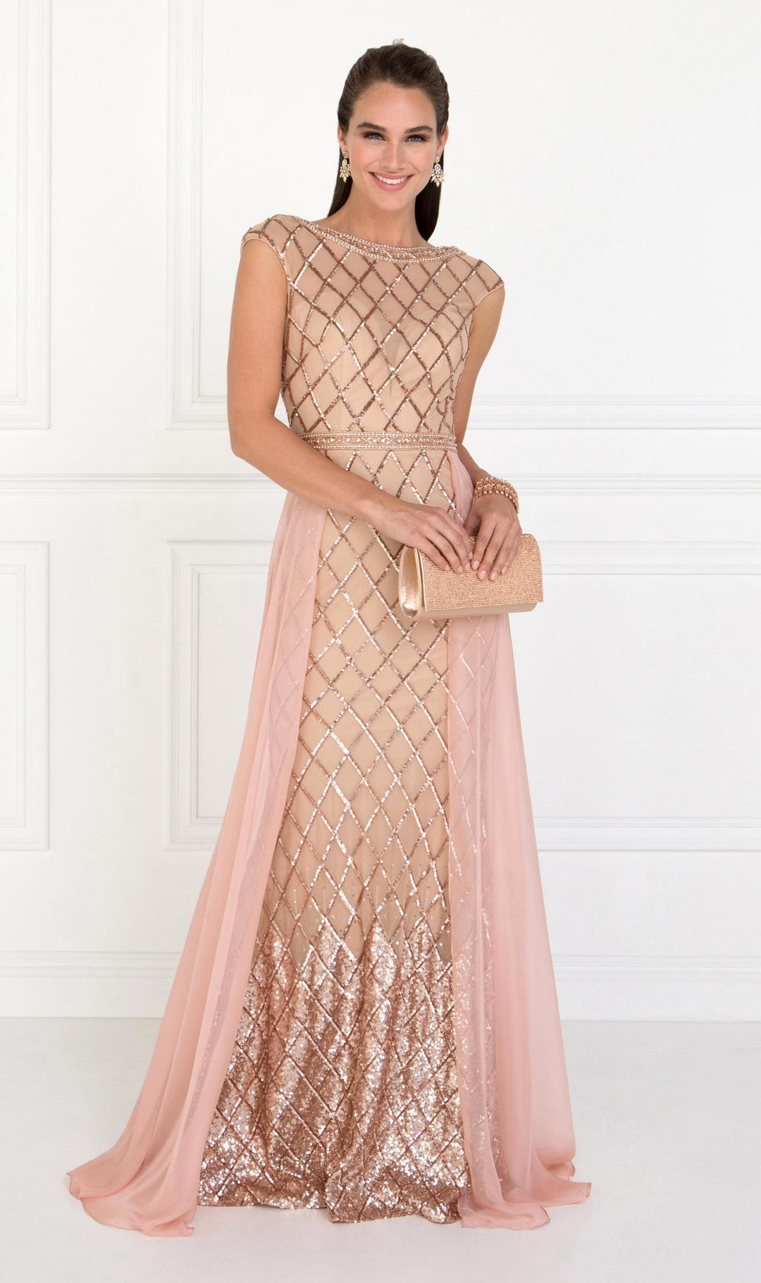 Embellished Long Pink Cap Sleeve Dress by Elizabeth K GL1577-Long Formal Dresses-ABC Fashion