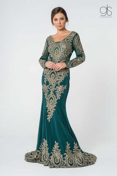 Embellished Long-Sleeve Mermaid Gown by Elizabeth K GL1597-Long Formal Dresses-ABC Fashion