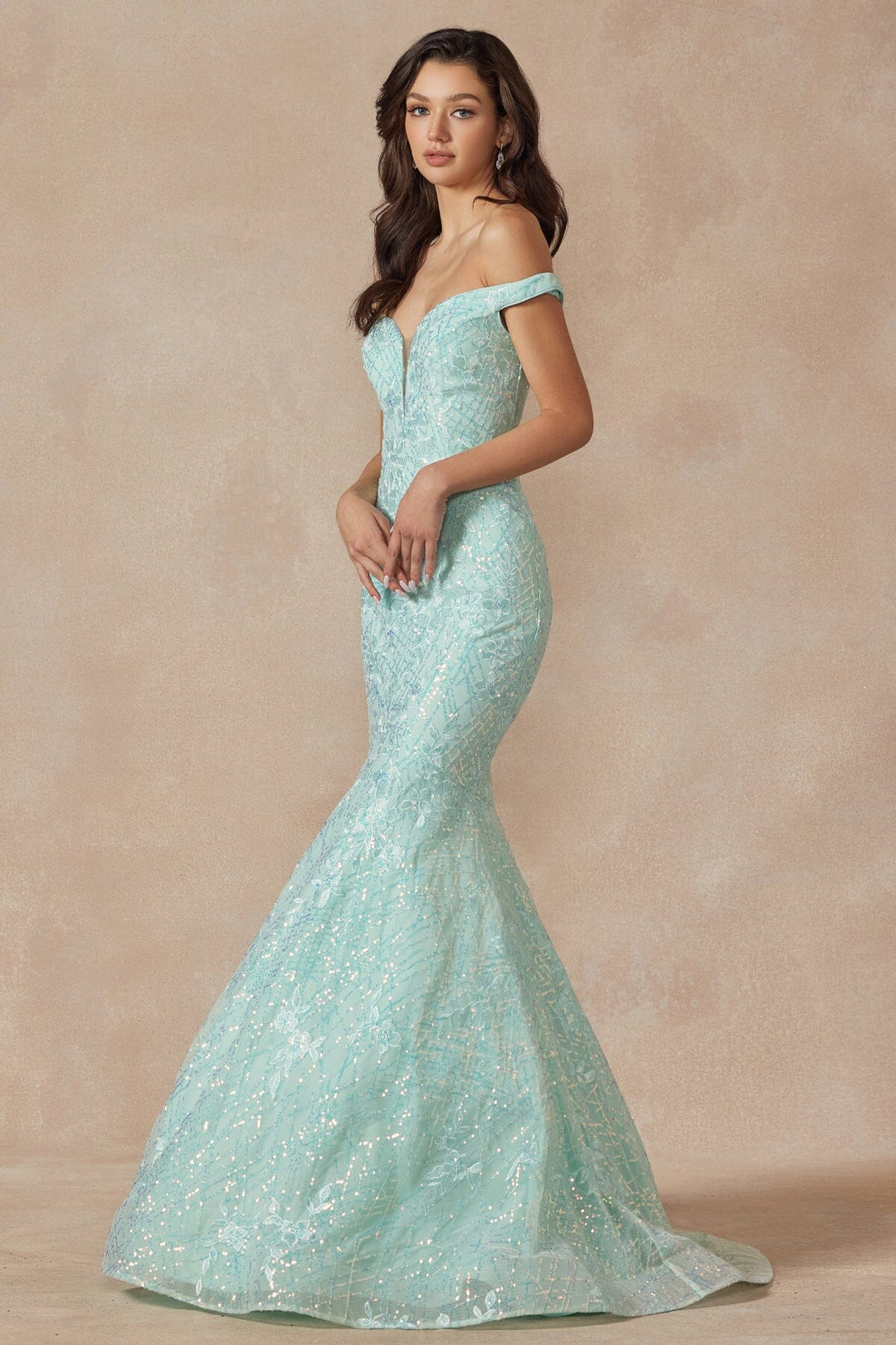 Embellished Off Shoulder Mermaid Dress by Juliet 2412