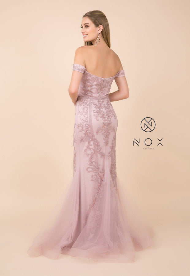 Embellished Off Shoulder Mermaid Dress by Nox Anabel H294-Long Formal Dresses-ABC Fashion