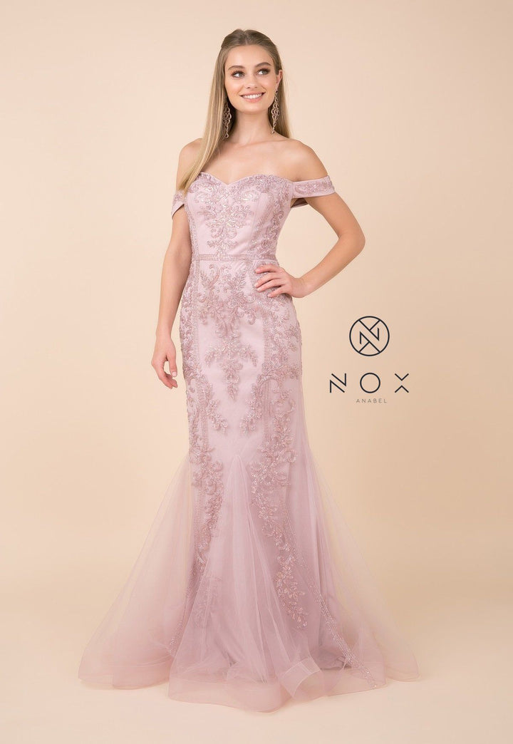 Embellished Off Shoulder Mermaid Dress by Nox Anabel H294-Long Formal Dresses-ABC Fashion