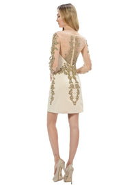 Embellished Sheer Short Champagne Dress with Sleeves by Poly USA-Short Cocktail Dresses-ABC Fashion