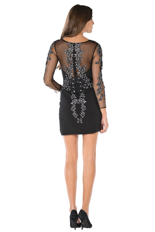 Embellished Sheer Short Champagne Dress with Sleeves by Poly USA-Short Cocktail Dresses-ABC Fashion